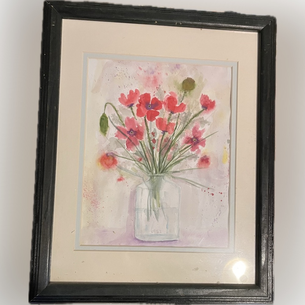 Original watercolor of poppies in a bottle.